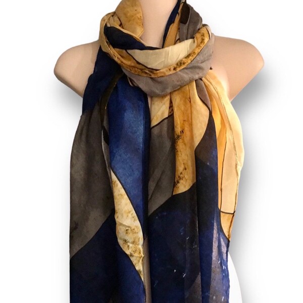 Brushstrokes Pattern Blue Yellow Cotton Blend Scarf/ Spring Summer Autumn Scarf/Gifts For Mother/Women Scarf/Birthday Christmas Gifts