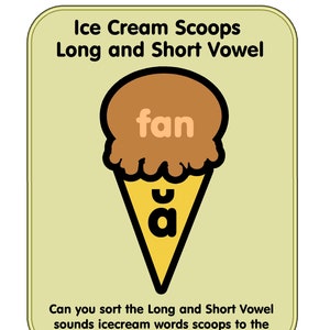 May include: A yellow ice cream cone with the word "a" inside. A brown ice cream scoop with the word "fan" inside. The text "Ice Cream Scoops Long and Short Vowel" is at the top of the image. The text "Can you sort the Long and Short Vowel sounds icecream words scoops to the correct icecream cones?" is at the bottom of the image.