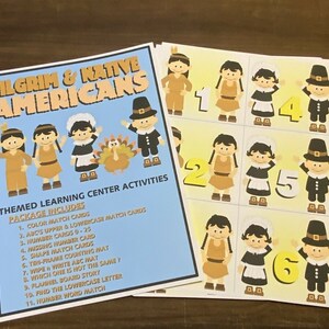May include: A blue and white printable learning center activity pack for teaching about Pilgrims and Native Americans. The pack includes 11 different activities, such as color match cards, ABC match cards, number cards, and shape match cards.