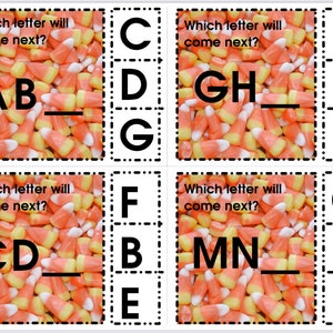 Puede incluir: Cuatro tarjetas educativas con el texto "¿Qué letra vendrá después?" Cada tarjeta presenta un fondo de caramelos de maíz y una indicación de secuencia de letras. Las opciones de respuesta se enumeran a la derecha de cada indicación.