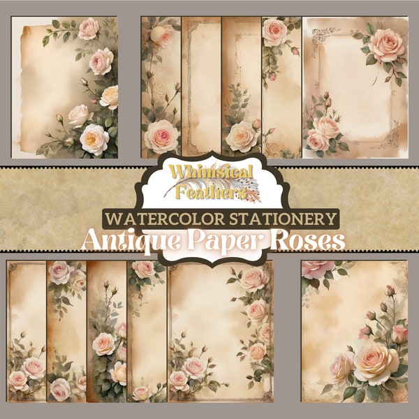 Watercolor Roses - Letter Writing Bundle, Watercolors Printable Stationery, full page unlined, lined and highlighted paper designs 40+ pages