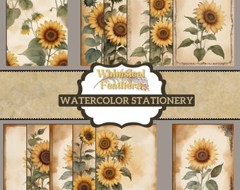 Aquarell Sonnenblumen Brief Schreiben Bundle Aquarelle Printable Briefpapier ganzseitig unliniert, liniert und hervorgehobene Papierdesigns 40+ Seiten