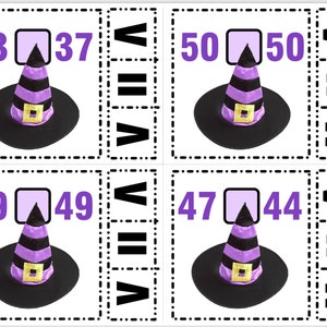 Può includere: Quattro carte di confronto matematico a tema cappello da strega. Ogni carta ha due numeri e uno spazio vuoto per un terzo numero. I numeri sono 73, 37, 50, 50, 39, 49, 47 e 44. Le carte hanno anche simboli di minore, uguale e maggiore.