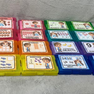 Może przedstawiać: Zestaw kolorowych plastikowych pudełek z kartami edukacyjnymi dla dzieci. Każde pudełko jest oznaczone pojęciami matematycznymi, takimi jak liczenie, dodawanie i odejmowanie. Karty zawierają ilustracje dzieci i przedmiotów, przeznaczone do wczesnej nauki.