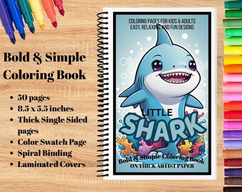 Coloring Book for Kids and Adults – SHARK Bold & Simple Stress Free  Minimalist Coloring Spiral Bound 5.5 x 8.5 inches