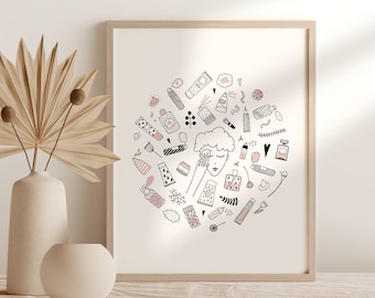 Arte de pared para el cuidado de la piel, Póster de salón de belleza, Arte digital de maquillaje para baño