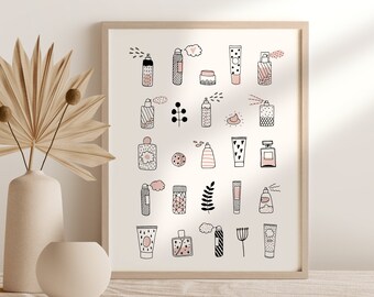 Lámina decorativa con tarros de cosméticos, ideal para decoración de salones de belleza (descarga digital).