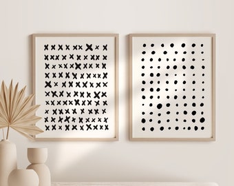 Conjunto de láminas decorativas abstractas con puntos y cruces de tinta para pared (descarga digital)