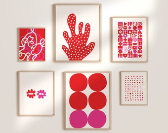 Láminas de arte abstracto en rojo y rosa, juego de 6 (descarga digital)