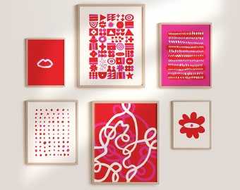 Conjunto de láminas de arte abstracto en rosa y rojo, estilo minimalista para pared (descarga digital)