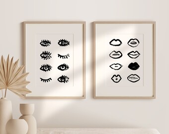 Láminas con estampados de ojos y labios, arte minimalista para la pared del dormitorio (descarga digital)