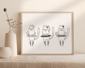 Danza gatos arte de pared digital, lindas bailarinas en tutús, decoración de la pared de la habitación de la niña