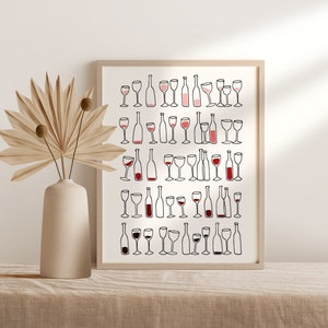 Red Wine Bottles and Glasses Art Print, Bar Wall Decor (Digital Download)