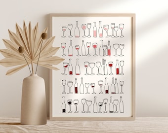 Lámina decorativa con diseño de botellas y copas de vino tinto para decoración de pared de bar (descarga digital)