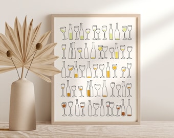 Póster de arte de pared imprimible de vino blanco, decoración de pared de bar, copas de vino y botellas de vino