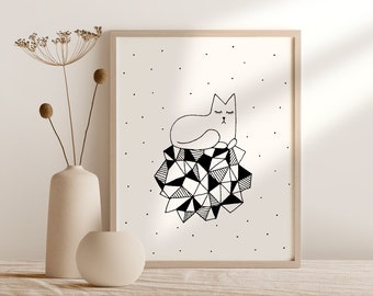Póster de gato de arte de línea dibujado a mano, Arte de pared imprimible
