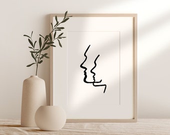 Lámina minimalista con retrato de pareja, arte lineal en blanco y negro (descarga digital)