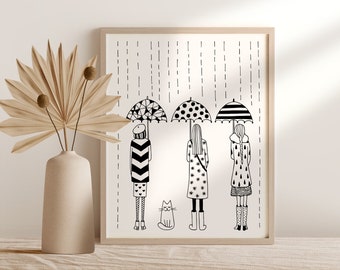 Rainy Day Cat Art Print, Black and White Whimsical Illustration (Digital Download)