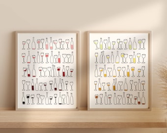 Juego de láminas con diseño de copas y botellas de vino para decoración de pared de bar (descarga digital)