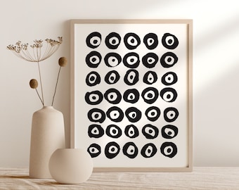 Impresión de arte de pared digital de puntos y círculos de tinta, póster imprimible abstracto minimalista