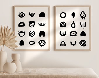 Conjunto de 2 signos boho abstractos, arte mural abstracto geométrico, impresión boho neutra beige y negra, arte de mediados de siglo