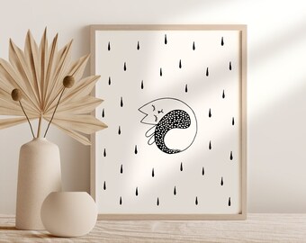 Impresión digital de gato dormido dibujada a mano, arte de pared imprimible