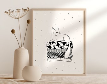 Impresión digital de gato dibujada a mano, Arte mural imprimible