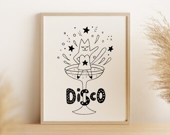 Arte de pared de discoteca de baile de gatos, Arte de pared imprimible de cóctel, póster de champán vintage, impresión de noche de chicas