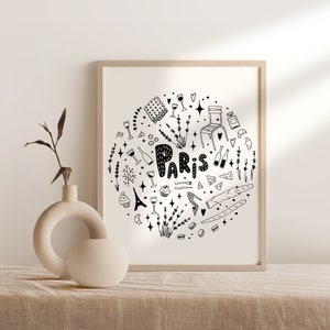 Paris travel printable poster, Paris fashion wall art, Paris black and white doodle, Paris items: macaroon, baguette, wine, tour eiffel