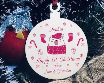 1st Christmas Decoration For Baby PERSONALISED Wood Bauble Baby Girl Gift