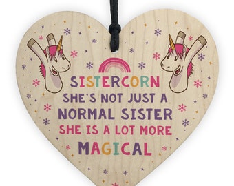 Red Ocean Novelty Unicorn Gifts For Sister Funny Sister Christmas Gifts From Brother Handmade Wooden Heart Plaque