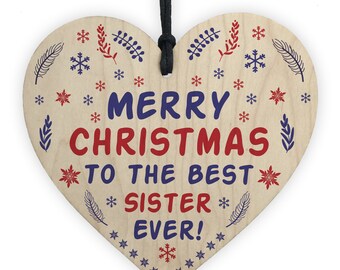 Red Ocean Sister Christmas Gifts From Brother Hanging Wooden Heart Keepsake Gift For Big or Little Sister