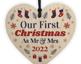 Red Ocean First Christmas Mr & Mrs Bauble 2022 Wooden Heart Hanging Tree Decoration Gift For Husband Wife