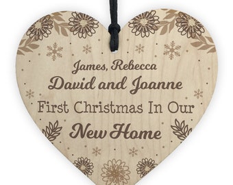 Red Ocean First 1st Christmas Xmas Personalised New Home Wood Heart Tree Decoration Bauble