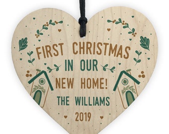 Red Ocean Personalised Family Name 1st Christmas In New Home Wood Heart Xmas Tree Decoration