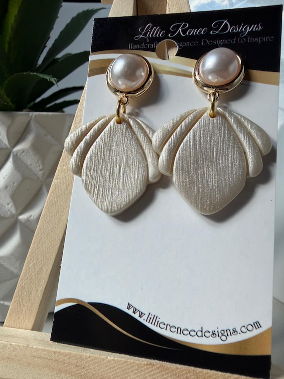 Ivory Pearlized Shell Earrings with Pearl & Gold Post