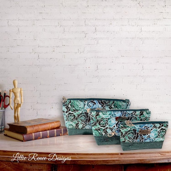 Blue Green Watercolor Roses Essential Pouch – Handmade Zipper Pouch Organizer – Floral Cosmetic Bag in three sizes