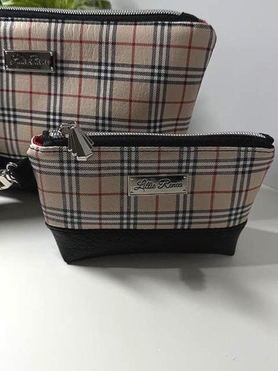 Sand Tartan Plaid Essential Pouches – Handmade Zipper Bags with Red Canvas Interior