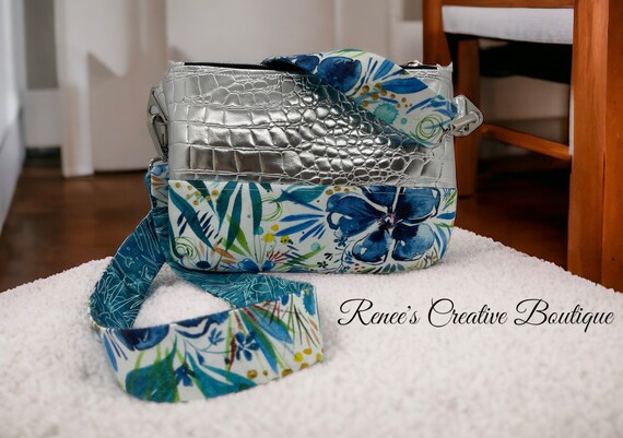 Blue Blossom Mini Purse – Small Blue Floral & Silver Crocodile Vinyl Handbag with Woven Strap
