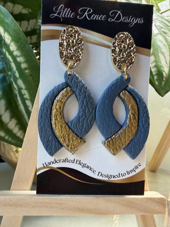 Blue & Gold Polymer Clay Dangle Earrings with Hammered Gold Oval Posts