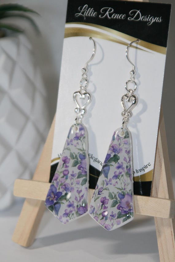 Purple Floral Drop Earrings, Silver Plated Connectors, 3  inches