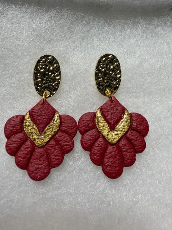 Red and Gold Polymer Clay Drop Earrings | Handmade Statement Earrings with Oval Hammered Posts