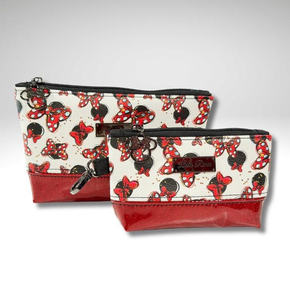 Mouse Bow Essential Pouch Set | Red Glitter Vinyl Cosmetic Bags in Three Sizes