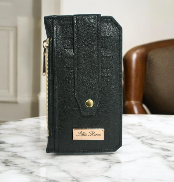 Black Faux Leather Slim Wallet: Elegant Gold Hardware Purse Pal
