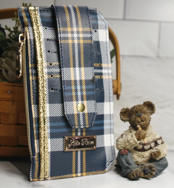 Blue Tartan Plaid Vinyl Wallet: Slim Coin Purse with Metallic Trim
