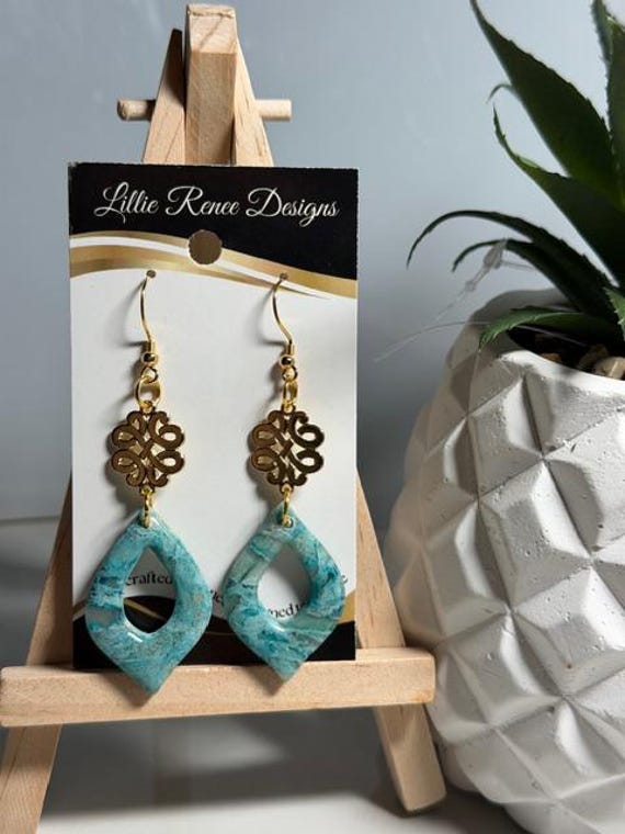 Turquoise and Gold Teardrop Polymer Clay Earrings