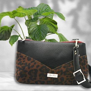 Wild Thing a brown faux fur and black faux leather crossbody, animal print purse, brown leopard bag, gift for her, large Harlequin pouch.