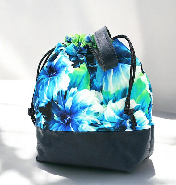 Floral Bucket Bag: Cotton & Navy Faux Leather Drawstring Purse
