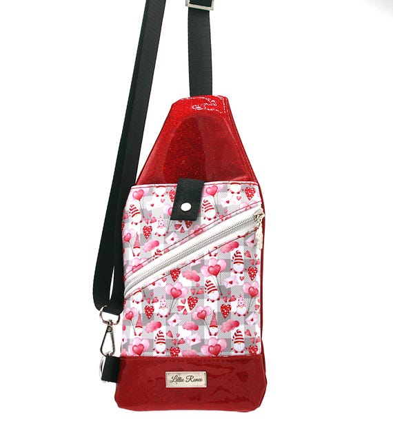 Valentine Gnome Mini Sling Bag: Red Glitter, Hearts & Pockets