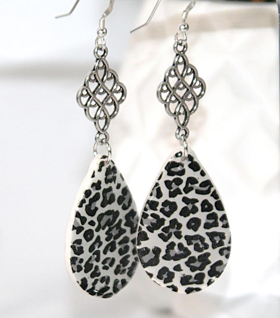 Leopard print earrings, teardrop polymer clay earrings with silver connectors